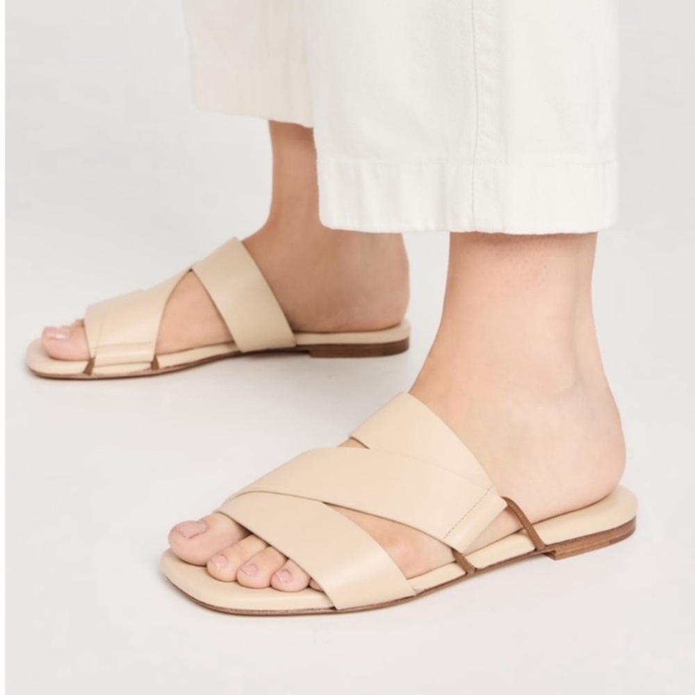Vince Dylan Asymmetrical Leather Flat Sandals Minimal Slide Modern Strap Detail